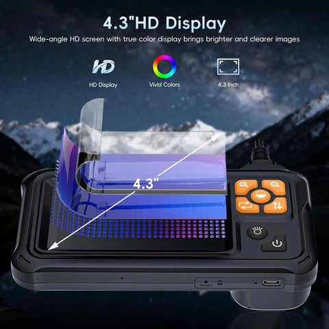 Heavy Duty Endoscope Borescope With Light showing 4.3 Inch HD Display and control buttons against a mountain backdrop