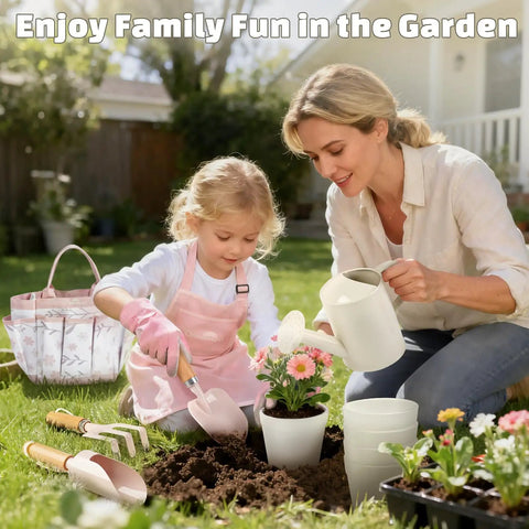 Kid Friendly Hands On Garden Tool Set For Toddlers With Pink Tote Bag Apron Gloves Shovel Rake Cultivator Watering Can