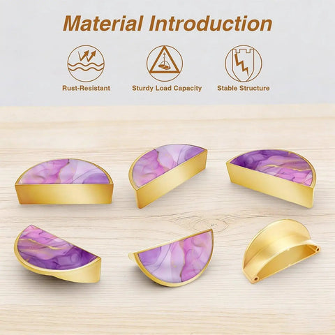 2 Pack Purple Pink Gold Fluid Art Cabinet Pulls With 3 Inch Center Hole Gold Semicircle Drawer Handles on wooden surface