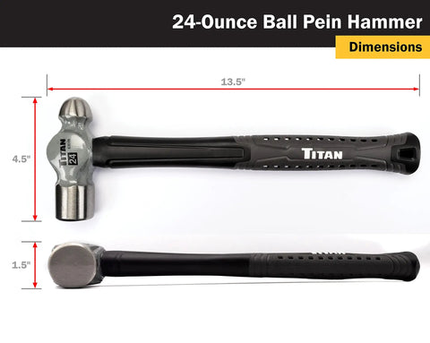 24 Oz Ball Peen Hammer with Forged Steel Head and Shock Absorbing Fiberglass Handle Textured Rubber Grip with dimensions