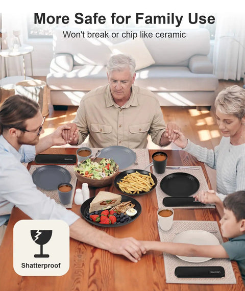 16 Piece Unbreakable Plastic Dinnerware Set For 4, Tough As Nails And Lightweight, used by family at dining table