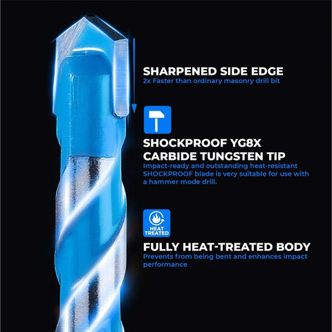 Toolant masonry drill bit close-up; blue-coated, carbide-tipped, hex-shank bit for concrete and tile.
