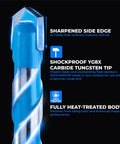 Close-up of Heavy Duty Masonry Drill Bit Set with shockproof YG8X carbide tip and heat-treated body details for durability.