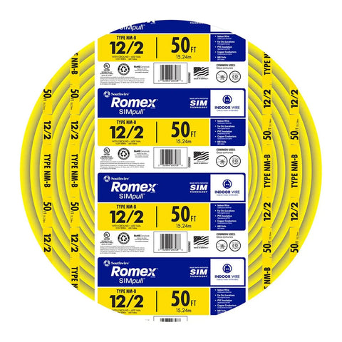 SimPull Solid Indoor 12 2 NM B Wire With Ground 50ft Coil for Residential Wiring, yellow copper cable with easy pull jacket