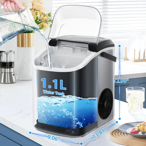 Chewable Nugget Ice Countertop Maker With One Click Operation Portable Stainless Steel Ice Machine Delivers 34 Lbs Per Day Self Cleaning Comes With Ice Scoop Great For Kitchen And Office showing 1.1L water tank being filled.
