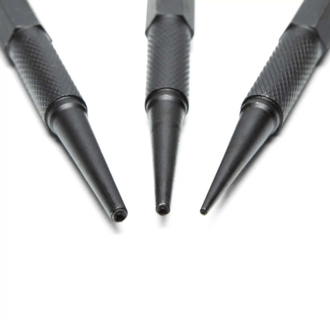 Pro Grade 3 Piece 5 Inch Steel Punch Set with Black Oxide Finish, Laser Etched Size Markings, Knurled Handles for a Firm Grip