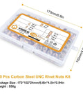 Clear box containing Rivet Nuts Set For DIYers 150 Pcs Carbon Steel With Yellow Zinc Finish Flat Head UNC SAE Sizes label visible