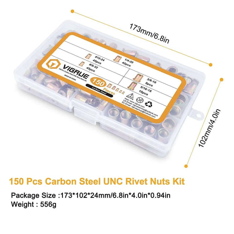 Clear box containing Rivet Nuts Set For DIYers 150 Pcs Carbon Steel With Yellow Zinc Finish Flat Head UNC SAE Sizes label visible