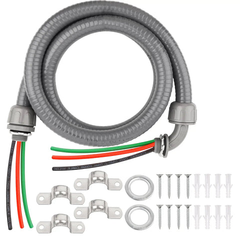 Six Foot Liquid Tight Conduit Kit Pro Grade With One Half Inch Prewired Electrical Whip And Three 10 AWG THHN Copper Wires Bare Ends Plus 90 Degree And Straight Connectors For Outdoor AC Wiring