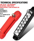 Technical specifications of Hardcore 150A Power Distribution Block; tinned copper busbars and flame-retardant ABS housing.