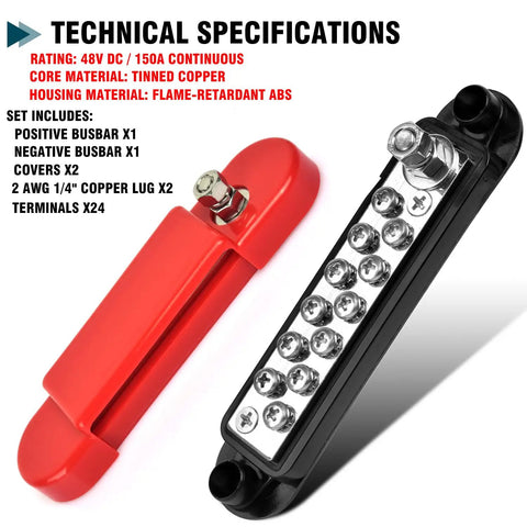 Technical specifications of Hardcore 150A Power Distribution Block; tinned copper busbars and flame-retardant ABS housing.