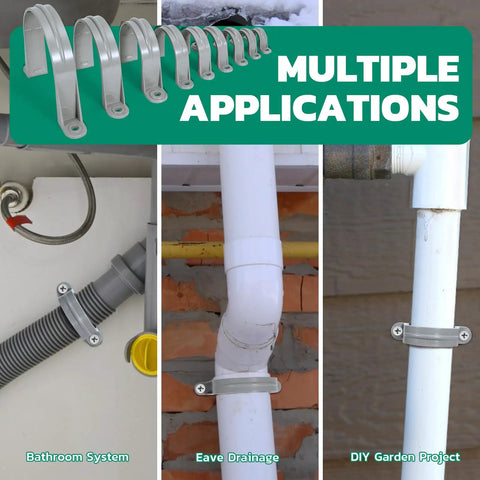 Heavy Duty 1 Inch Pvc Pipe Straps 16 Pack 2 Hole Plastic Conduit Clamps on various pipes for bathroom and garden projects.