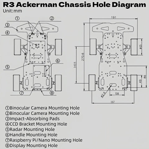 Diagram of 4WD Robotic Car Chassis Kit With Aluminum Alloy Frame Hall Encoder Ackerman And Differential Drive RC Tank Style System ROS Programmable STM32 Smart Bot showing hole measurements and mounting positions.