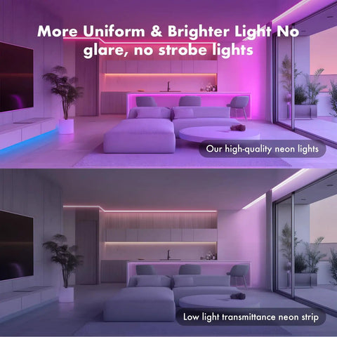 Comparison of living room lighting with Neon Rope Lights 50Ft RGB LED Strip IP67 Waterproof DIY Design Friendly Music Sync 44 Key Remote