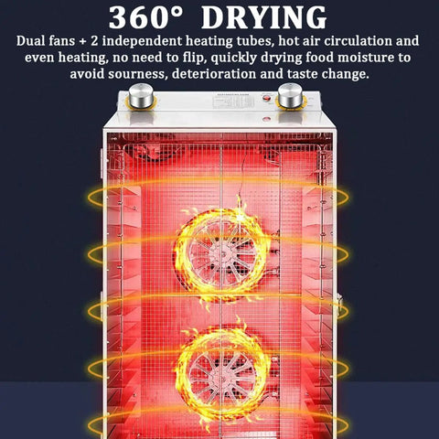 12-Tier Stainless Steel Food Dehydrator Machine with Digital Timer and Thermostat showing 360-degree airflow and dual fan operation.