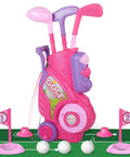 Pink toddler golf set with clubs, cart, balls on putting mat for kids aged 2 to 4, safe durable plastic, indoor outdoor toy