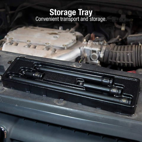 Black storage tray with Impact Extension Set For 1/2 Inch Drive, 4 Piece SAE, 3 To 15 Inch Length Range, in automotive setting
