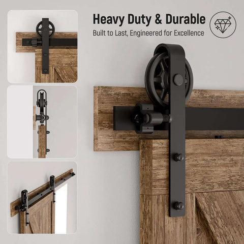 Beefy Sliding Barn Door Hardware Kit 20ft Rail Single Set Carbon Steel Track System Heavy Duty 330Lb Capacity with Frosted Black Finish