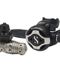 Mk25 Evo S620 Ti Regulator System For Scuba Diving DIN with titanium body and piston, black and silver design
