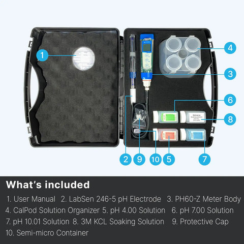 Open Smart Handheld pH Meter Kit With LabSen 246-5 ATC Semimicro Electrode, showing components for lab-grade pH readings.