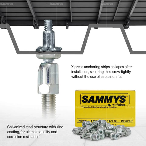 Three Eighths Inch Screw Swivel Expandable Thread Rod Anchor For Pipe Hangers Install Vertical Up To 45 Degrees Electro Zinc Finish Heavy Duty Galvanized Steel 25 Pack For Heavy Duty Use in use under metal deck.
