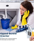 Woman using Beefy Heavy Duty Pipe Extractor And Screw Extractor Set For Pipe Wrench And Faucet Removal under the sink with yellow gloves