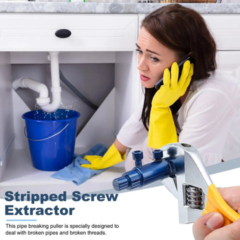 Woman using Beefy Heavy Duty Pipe Extractor And Screw Extractor Set For Pipe Wrench And Faucet Removal under the sink with yellow gloves
