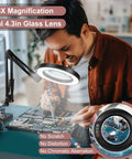 Man using 8X Magnifying Glass With Light 5 Color Modes Stepless Dimmable LED Desk Lamp With Clamp in electronic repair