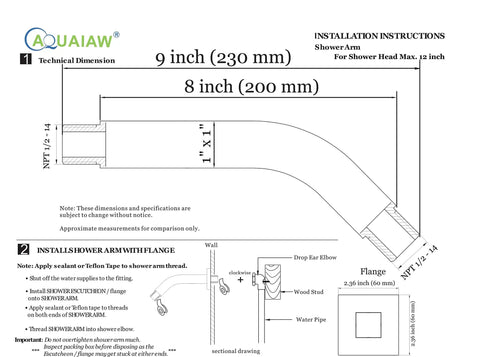 Square Shower Arm With Anti Scratch O Ring Flange, Solid Brass Eight Inch Wall Mount Extension, Installation Diagram