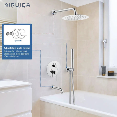 3 Function Rain Shower System With Handheld Shower And Tub Spout 10 Inch Chrome Shower Head Wall Mount Bath Spa Upgrade Easy Install Durable Brass Construction For Pro Grade Spa Level Shower Experience in modern bathroom