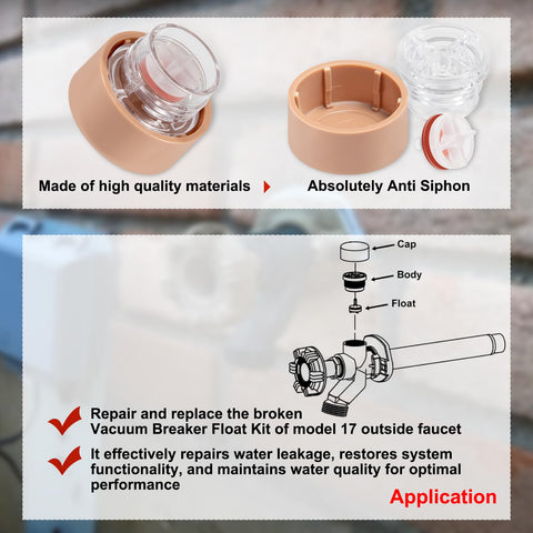 Diagram and components of DIY RK17VB Vacuum Breaker Float Kit 4 Pack Anti Siphon Wall Faucet Repair Kit.