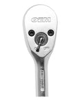 Close-up of ratchet from Beefy 64 Piece One Quarter Inch Drive Socket Set With Deep And Shallow Six Point Sockets Ratchet Extensions And Universal Joint For Tight Spaces Hard Chrome Finish No Slip Sockets For Auto Repair And Mechanic Tasks