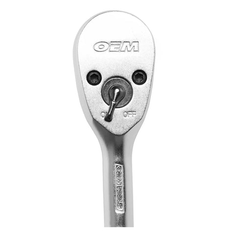 Close-up of ratchet from Beefy 64 Piece One Quarter Inch Drive Socket Set With Deep And Shallow Six Point Sockets Ratchet Extensions And Universal Joint For Tight Spaces Hard Chrome Finish No Slip Sockets For Auto Repair And Mechanic Tasks