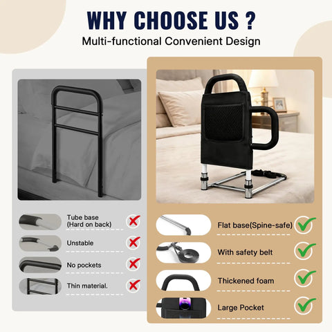 Comparison of Heavy Duty Bed Rails For Seniors With Non Slip Ergonomic Handle And Storage Pocket Adjustable Tool Free Setup