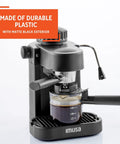 Straight Up Home Barista Vibes With This Compact 4 Cup Electric Espresso And Cappuccino Maker Featuring A Durable Milk Frothing Pitcher For Quick Daily Grind Sessions, black plastic espresso machine with frothing pitcher.