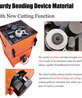 Heavy Duty 1 Inch Electric Rebar Bender And Cutter With Rock Solid Build And Zero Fuss Operation For Knockout Precision Cuts With Dual Flex Angle Locks On 110V, top view of sturdy iron body and cutting function.