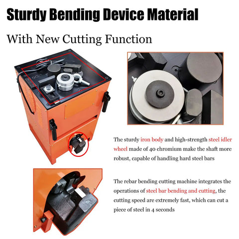 Heavy Duty 1 Inch Electric Rebar Bender And Cutter With Rock Solid Build And Zero Fuss Operation For Knockout Precision Cuts With Dual Flex Angle Locks On 110V, top view of sturdy iron body and cutting function.
