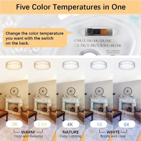 Five color temperatures for Two Pack 12 Inch Flush Mount Ceiling Lights 15W 1100 Lumens Dimmable 3000K Warm White ETL Listed