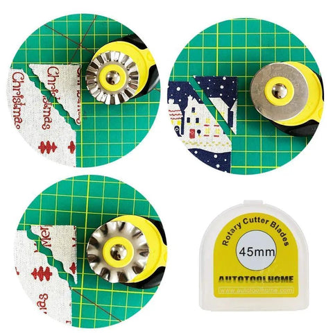 45mm Rotary Cutter Kit With 9 Replacement Blades For Sewing Fabric Leather Quilting And Paper Cuts All-In-One System With Straight Pinking And Skip Blades For Precise No-Fuss Easy-Change Cutting Built To Last shown cutting fabric