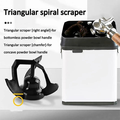 Premium Slick Silver Electric Espresso Portafilter Cleaner Paired With Solid Knock Box with triangular scrapers on side.