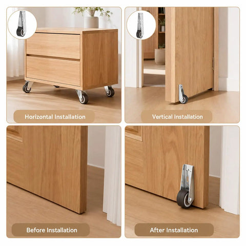 2 Pack Gate Caster Wheels With L Bracket No Squeak Quiet Rubber Rolling Casters shown in various door installations