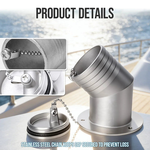 Boat fuel deck filler, 1-1/2 in (38 mm), 316 stainless steel, mirror-polished angled neck with keyless cap and mounting screws.