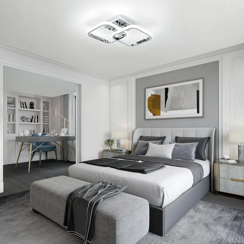 Square Modern LED Ceiling Light Fixture With Two Square Cross Design, 6000K Daylight Chrome Finish Indoor Ceiling Lighting in bedroom