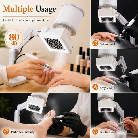 Top Shelf Quiet Nail Dust Collector Vacuum Fan With Adjustable Suction Reusable Filter And Smooth Cyclone Airflow For Salon Pros And Home Beauty Buffs in use, highlighting gel removal and polishing services.