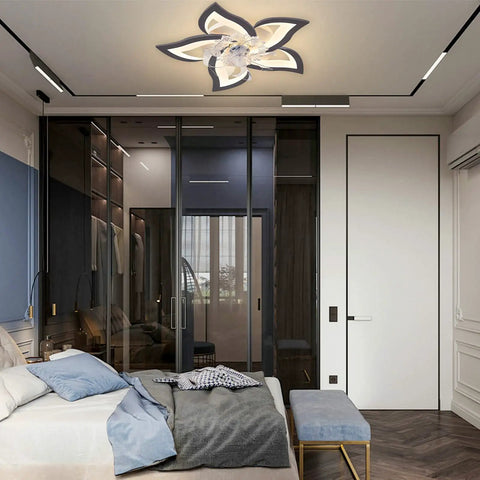 Bedroom with Low Profile Ceiling Fan With LED Light, Ultra Quiet Six-Speed Wind, smart timer, black finish for any space