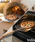 Pizza Peel 12 By 14 Aluminum Paddle With 21 Inch Detachable Wooden Handle, 35.5 Inch Total Length, showing outdoor and indoor use