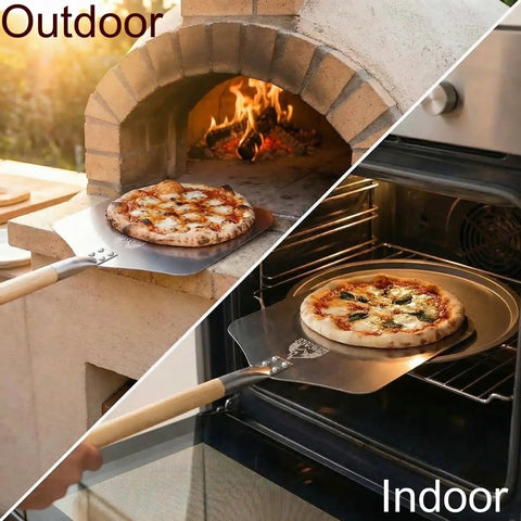 Pizza Peel 12 By 14 Aluminum Paddle With 21 Inch Detachable Wooden Handle, 35.5 Inch Total Length, showing outdoor and indoor use