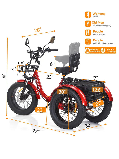 Beast Power Folding 3 Wheel Electric Trike For Adults With 1550W Peak Power 48V Fat Tire 20x4 Detachable Rear Basket Rear Differential Easy Fold Red For Daily City Rides, red folded dimensions shown