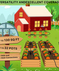 Upgraded Drip Irrigation Kit With 46 Ft Main Tubing And Half Inch Lines, setup in a garden with greenhouse and flower beds