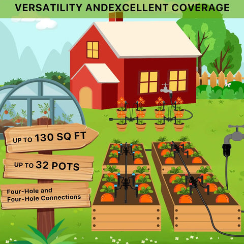 Upgraded Drip Irrigation Kit With 46 Ft Main Tubing And Half Inch Lines, setup in a garden with greenhouse and flower beds